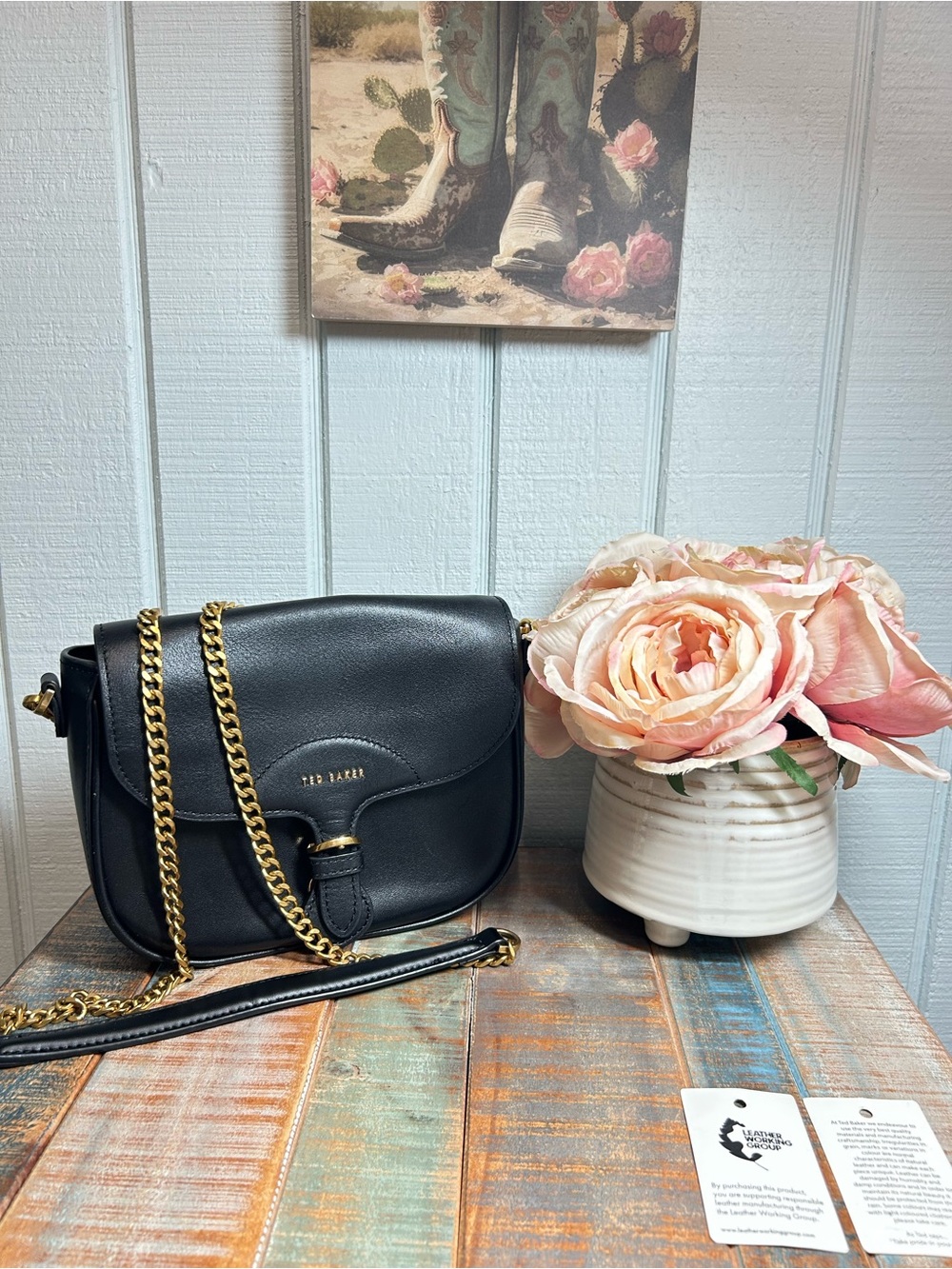 Ted Baker Esia Black Leather Crossbody Saddle bag with Gold Chain Strap